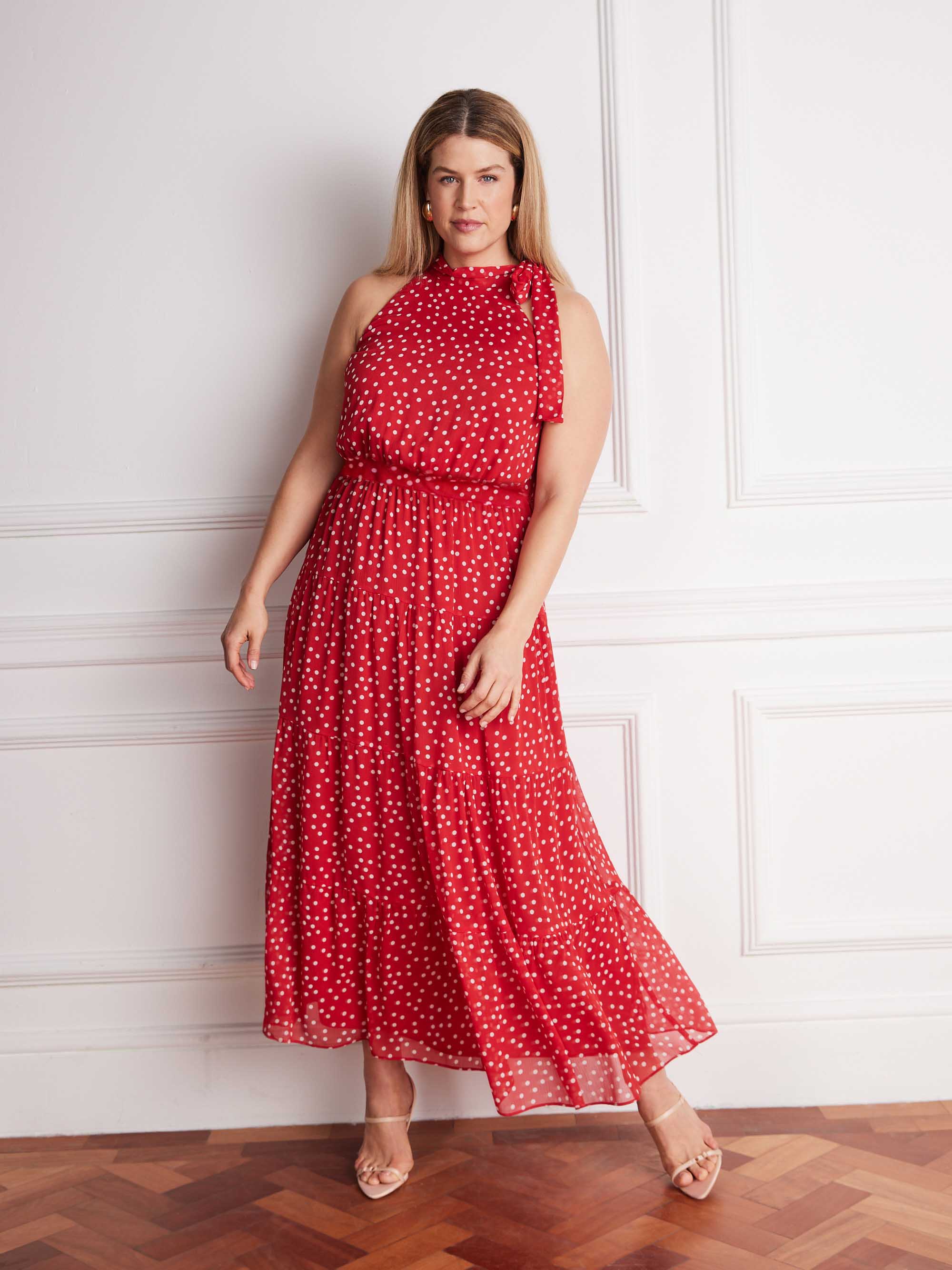 Plus size red polka dot halter neck maxi dress with bow tie detail for occasionwear