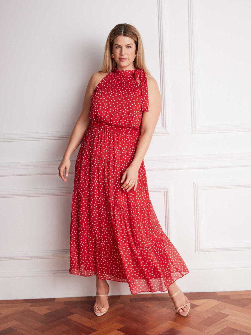 Plus size red polka dot halter neck maxi dress with bow tie detail for occasionwear