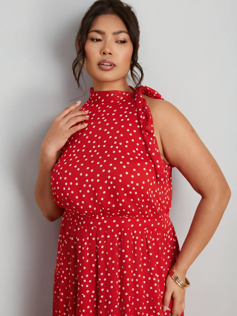 Red Polka Dot Halter Neck Maxi Dress