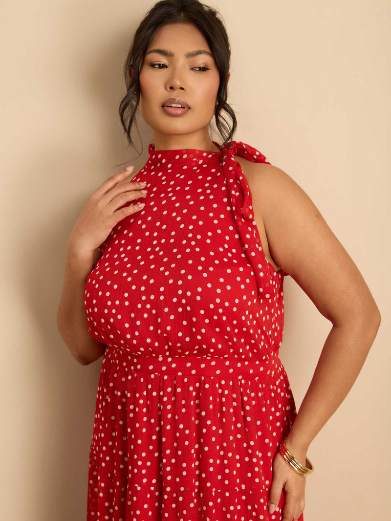Red Polka Dot Halter Neck Maxi Dress Occasionwear Mxi Dresses
