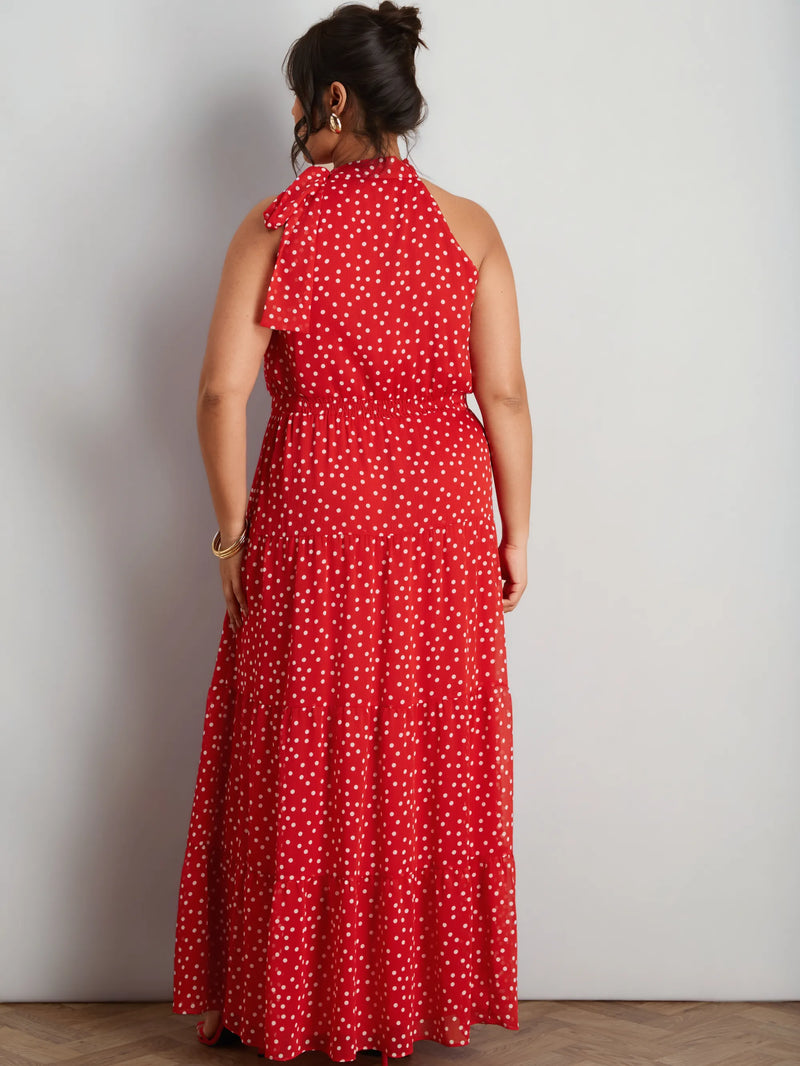 Red Polka Dot Halter Neck Maxi Dress