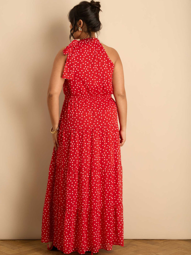 Red Polka Dot Halter Neck Maxi Dress Occasionwear Mxi Dresses