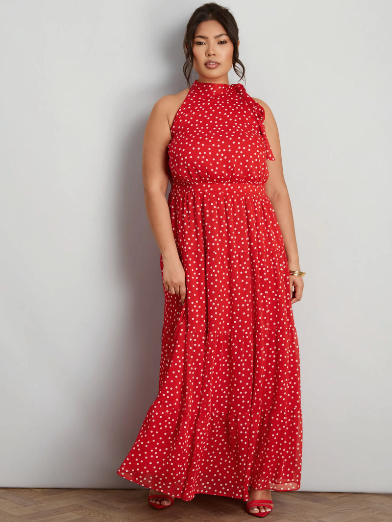 Red Polka Dot Halter Neck Maxi Dress