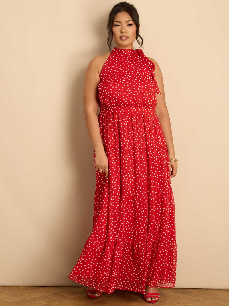 Red Polka Dot Halter Neck Maxi Dress Occasionwear Plus Size Dresses
