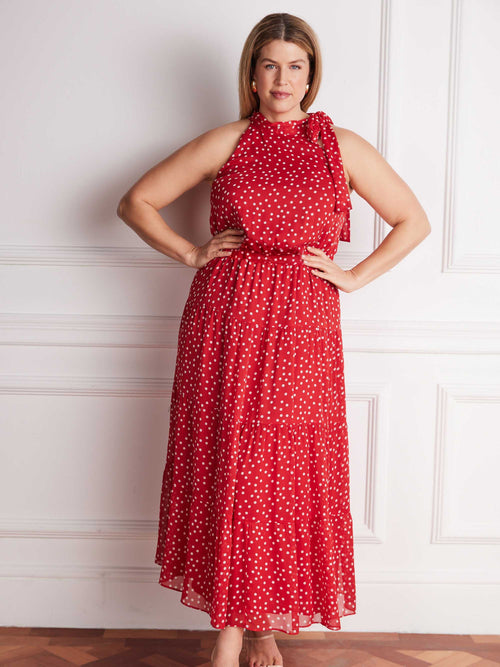 Curve fit red polka dot occasion maxi dress in lightweight crinkle fabric