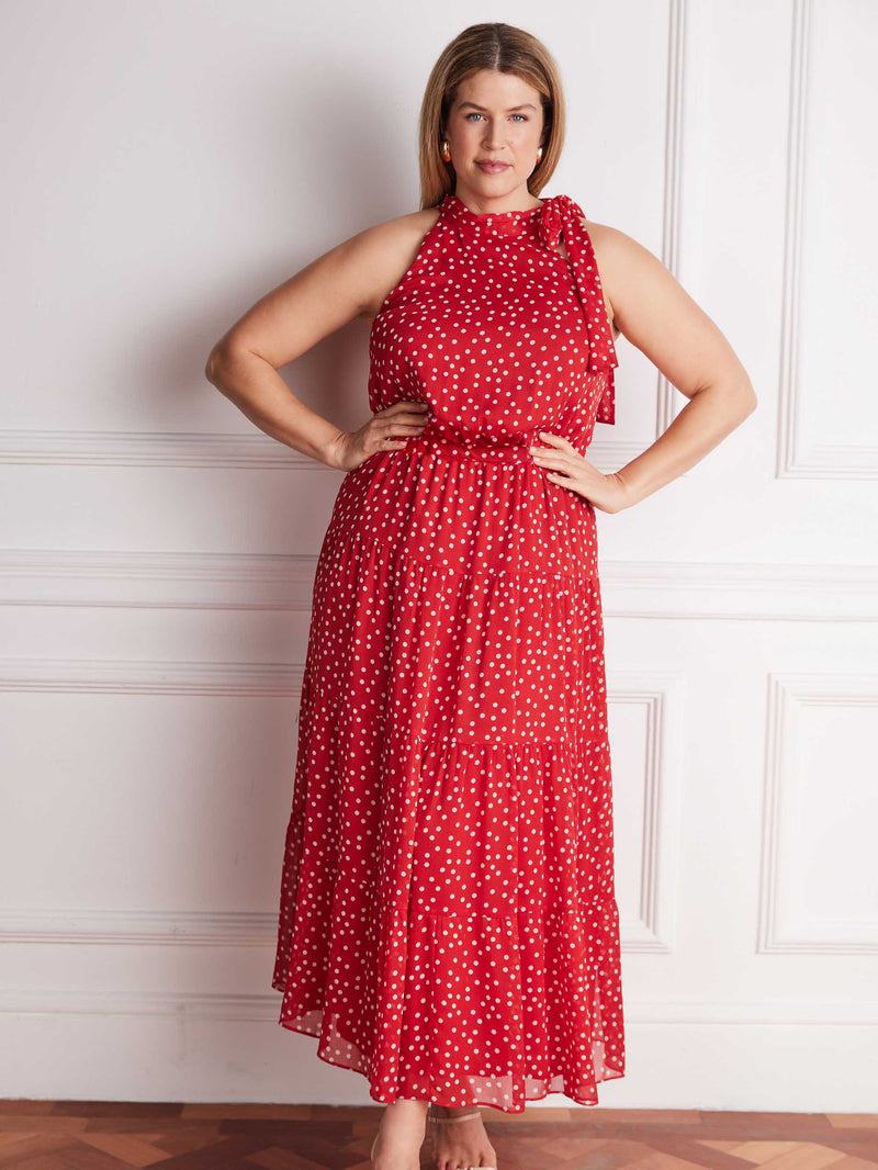 Curve fit red polka dot occasion maxi dress in lightweight crinkle fabric