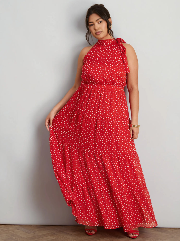Red Polka Dot Halter Neck Maxi Dress