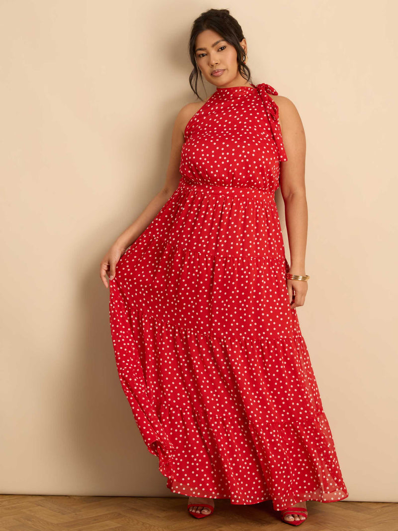 Red Polka Dot Halter Neck Maxi Dress Occasionwear Mxi Dresses