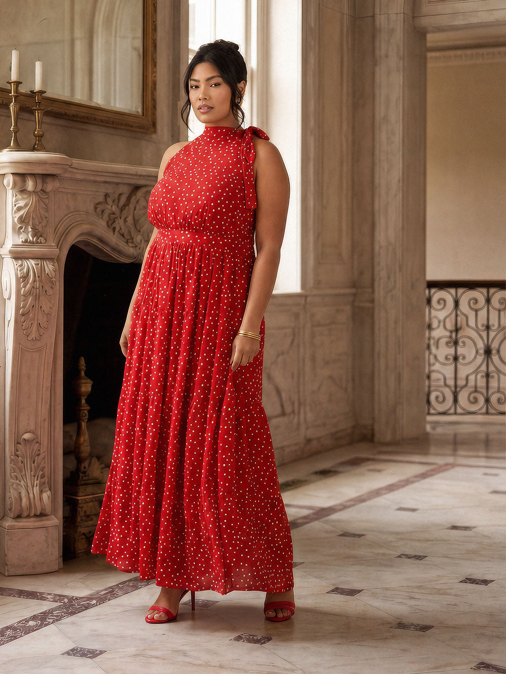 Red Polka Dot Halter Neck Maxi Dress