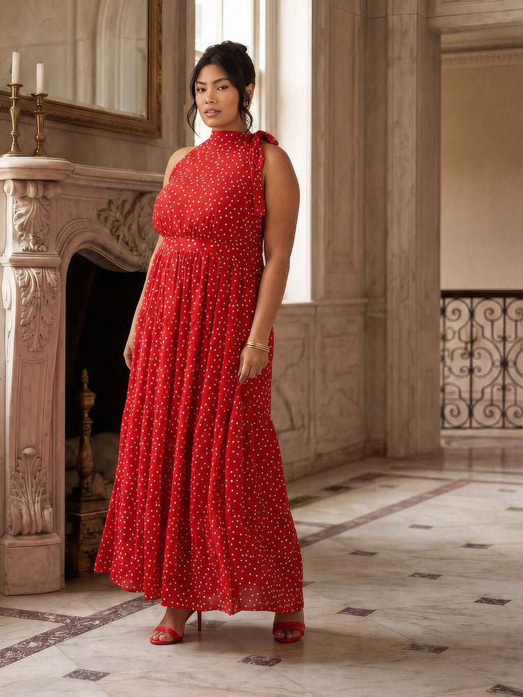 Red Polka Dot Halter Neck Maxi Dress Occasionwear Plus Size Curve