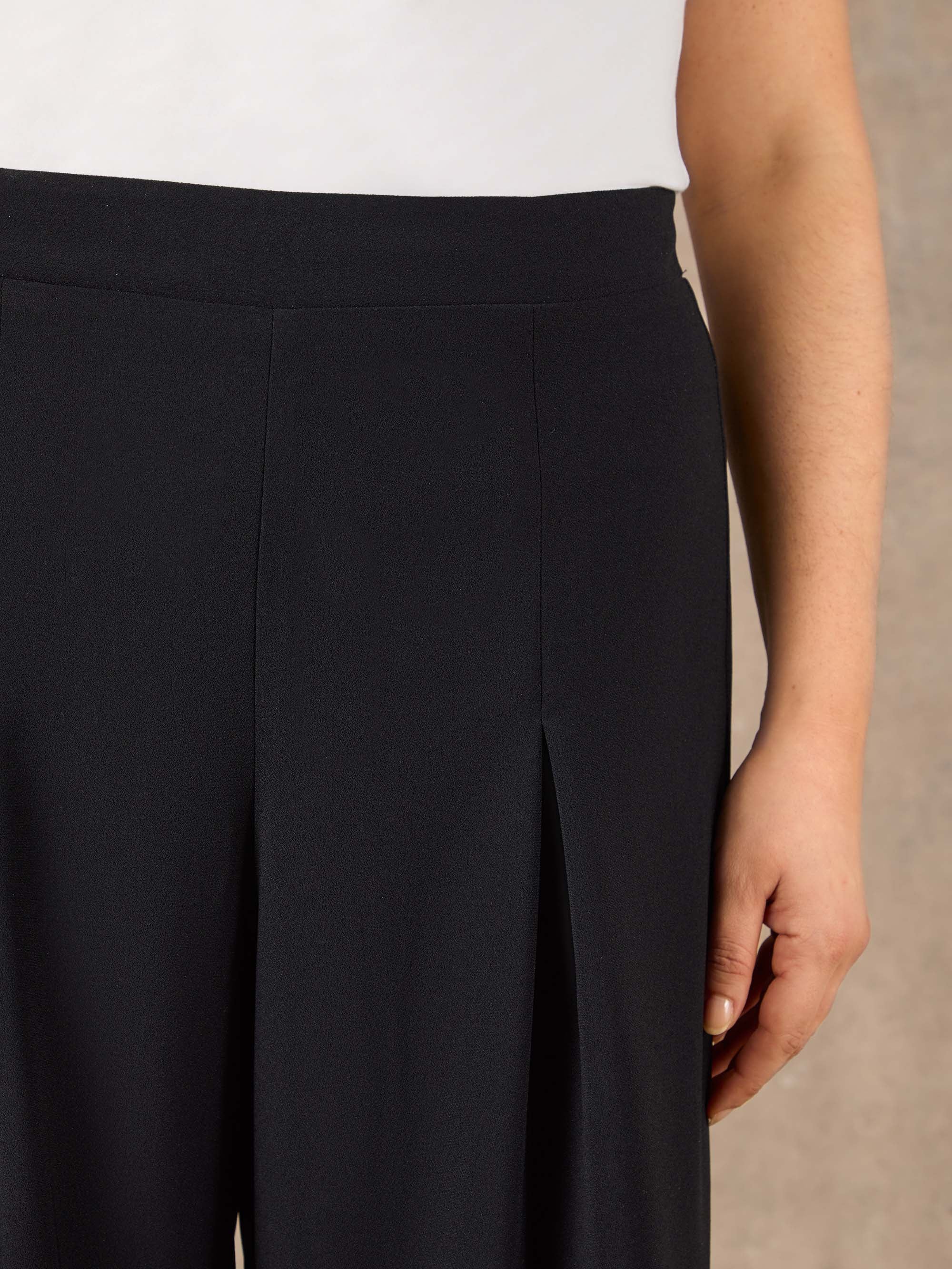 Black satin back crepe trousers with straight leg and fly front