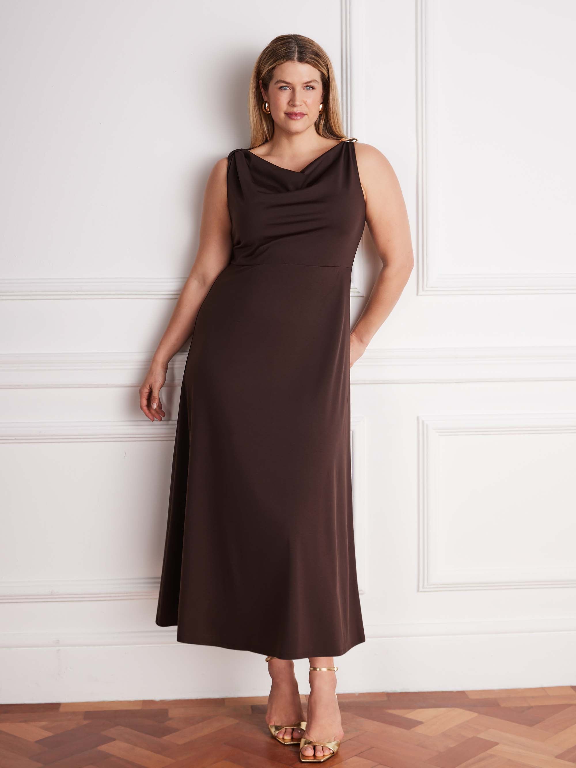 Brown sleeveless midi dress with twist strap detail and A line skirt