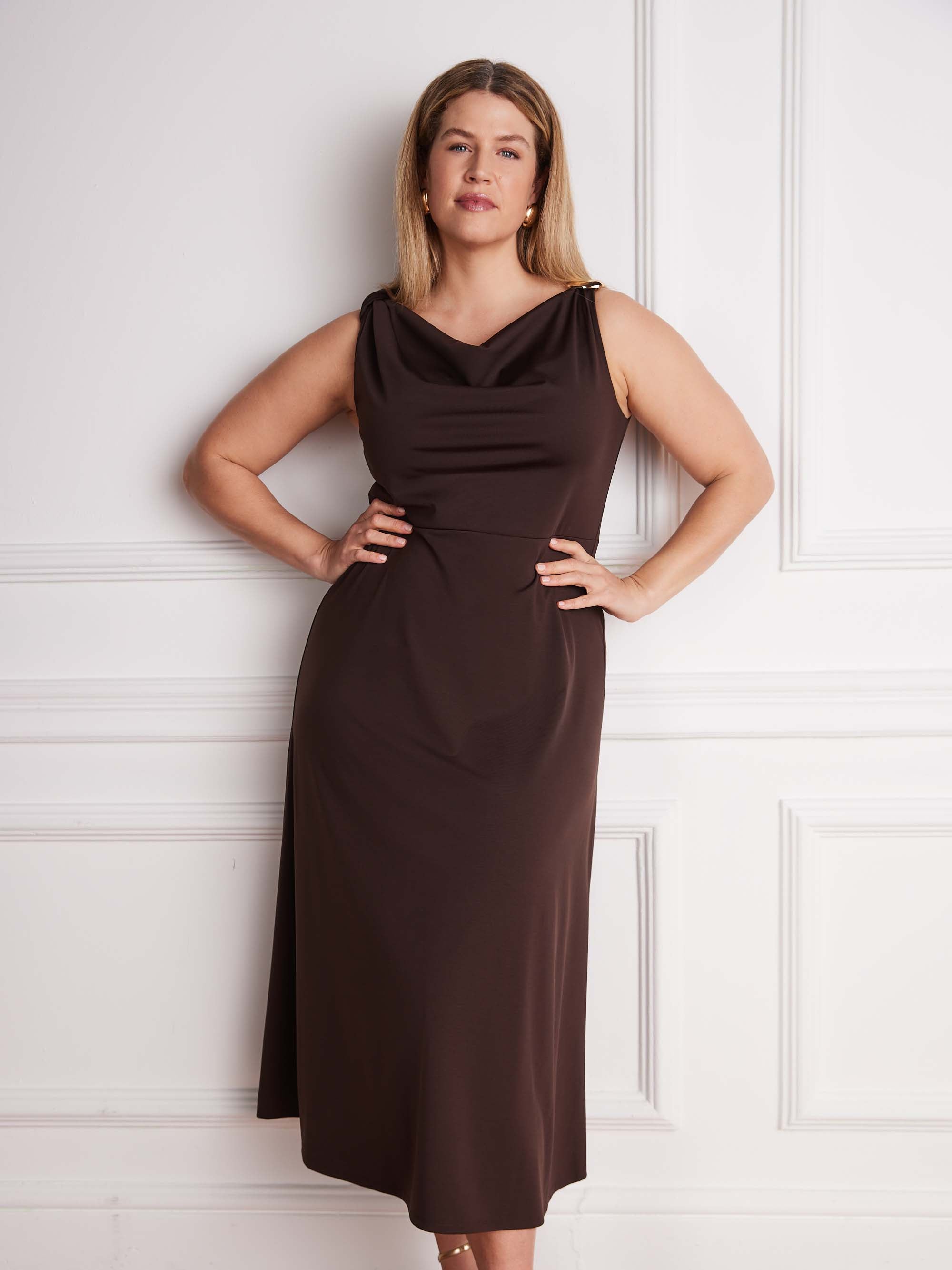 Chocolate brown occasion midi dress with draped neckline