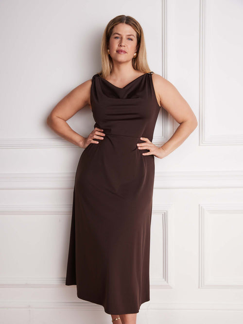 Chocolate brown occasion midi dress with draped neckline