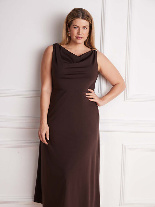 Brown A line evening dress with gold hardware strap detail