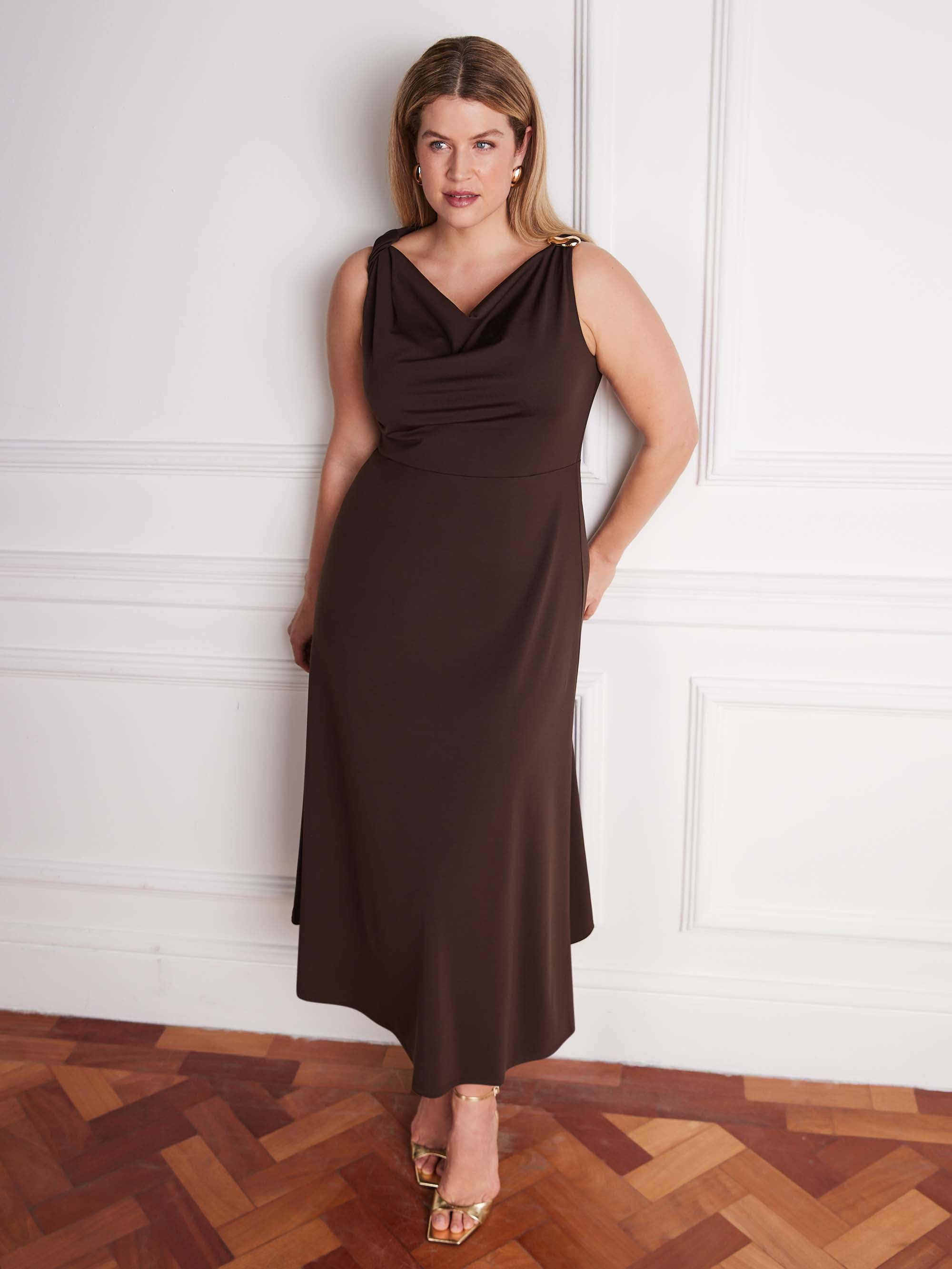 Brown sleeveless jersey midi dress with defined waist seam