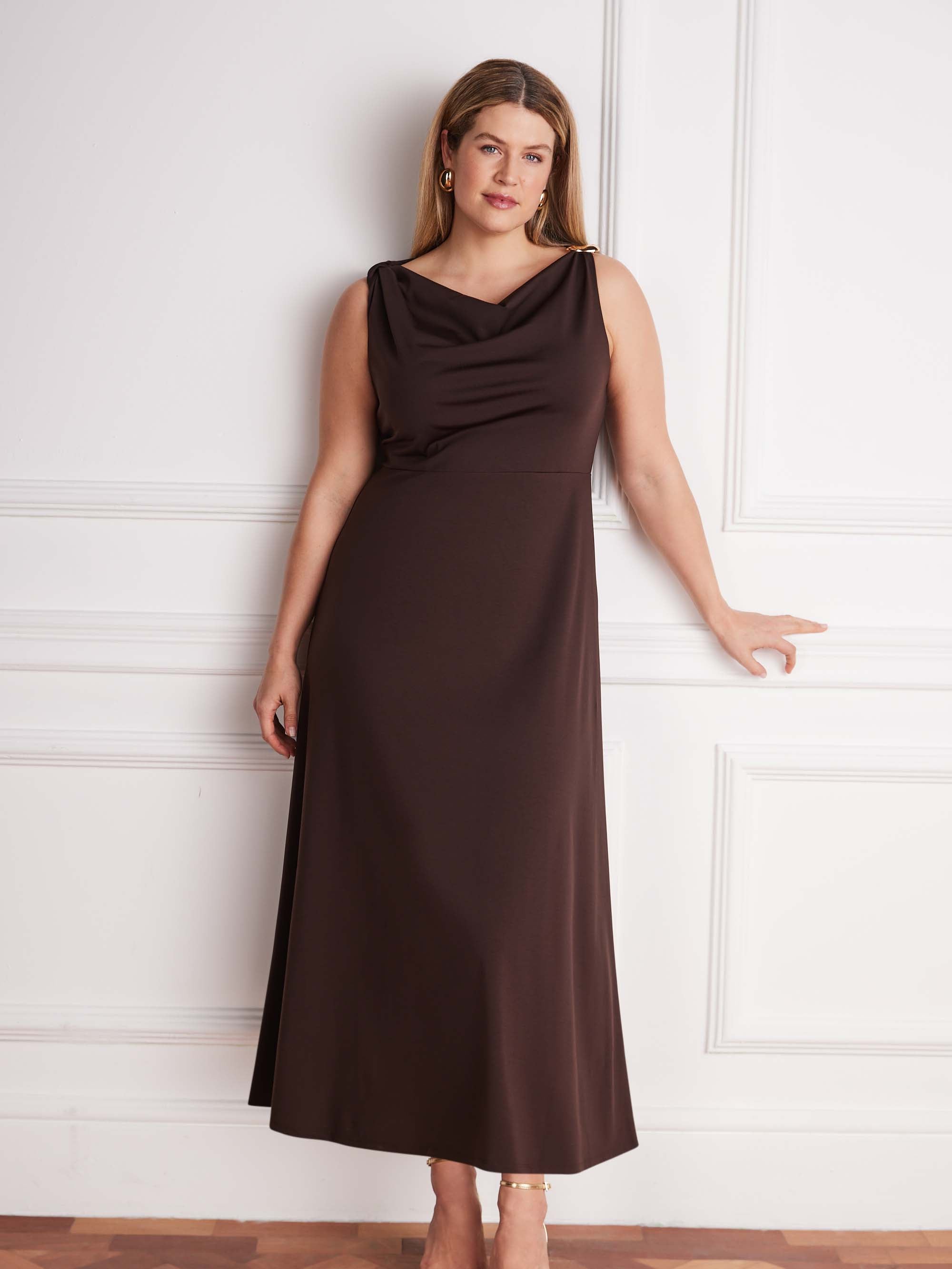 Brown mid length occasion dress with elegant draped bodice