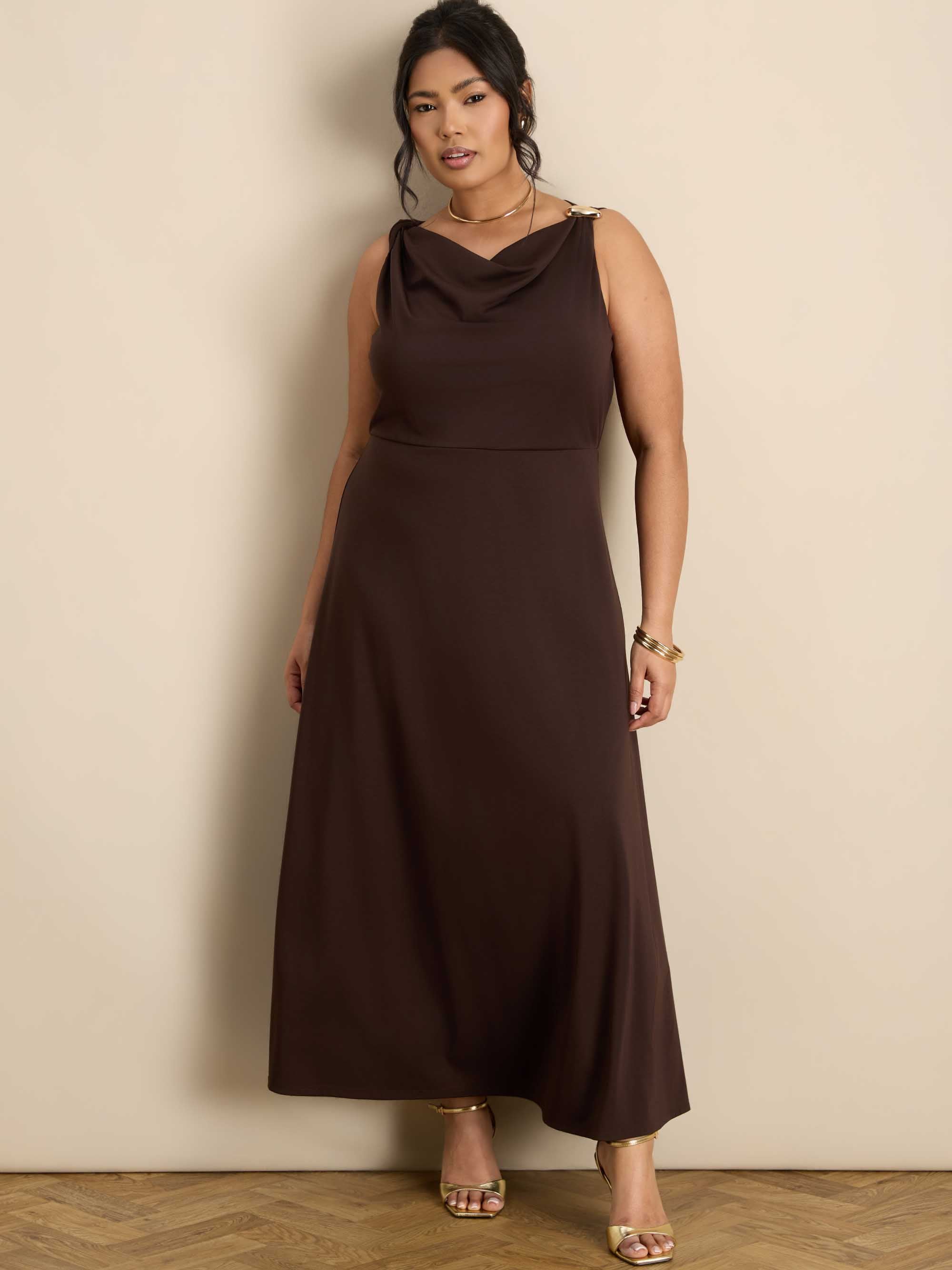 Brown Asymmetric Twist Maxi Dress
