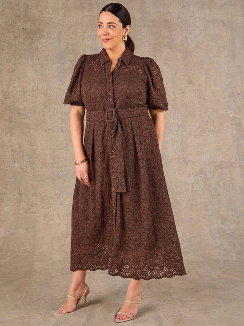Brown lace midi shirt dress with puff sleeves and belt