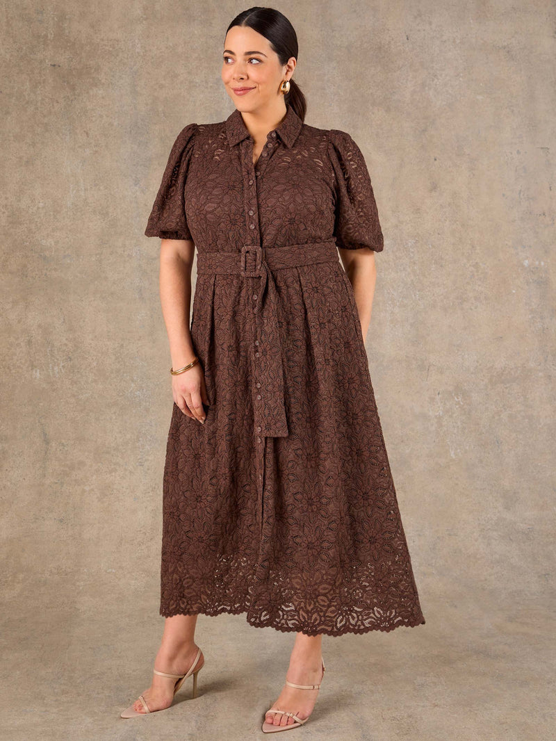 Brown lace midi shirt dress with puff sleeves and belt