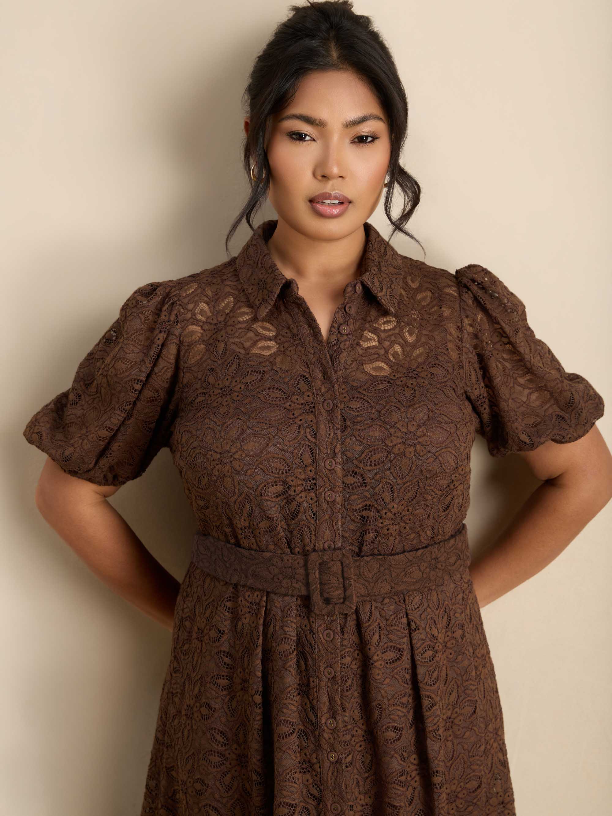 Brown Puff Sleeve Button Through Belted Lace Dress Occasionwear Outfits
