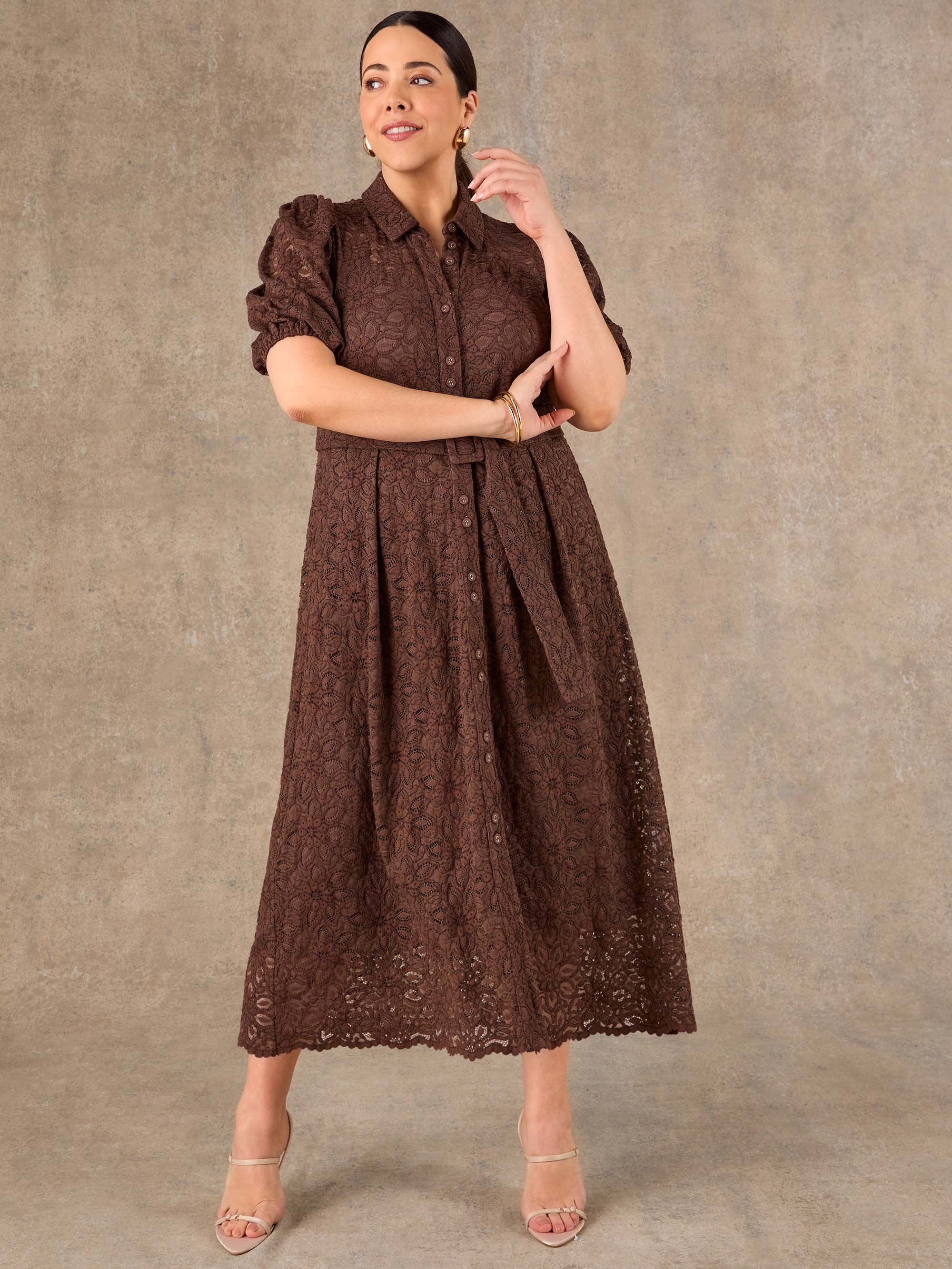 Brown lace midi dress with short puff sleeves and waist belt