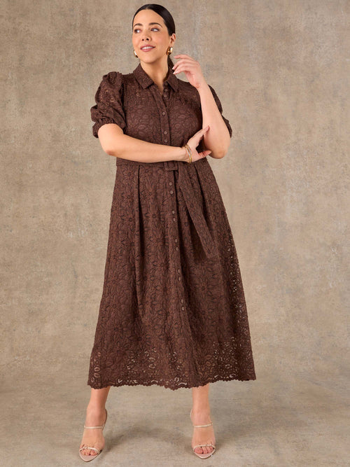 Brown lace midi dress with short puff sleeves and waist belt