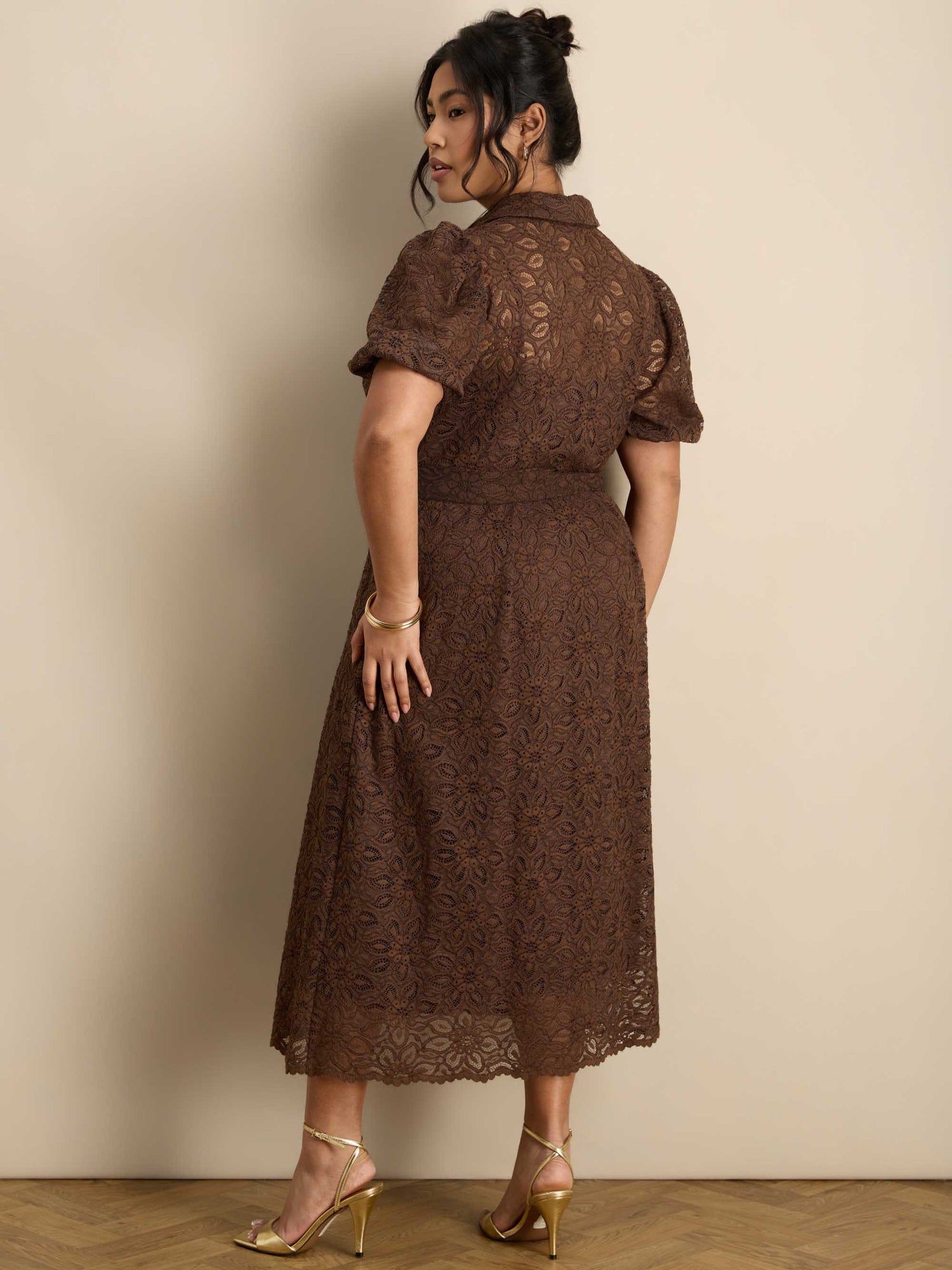 Brown Puff Sleeve Button Through Belted Lace Dress