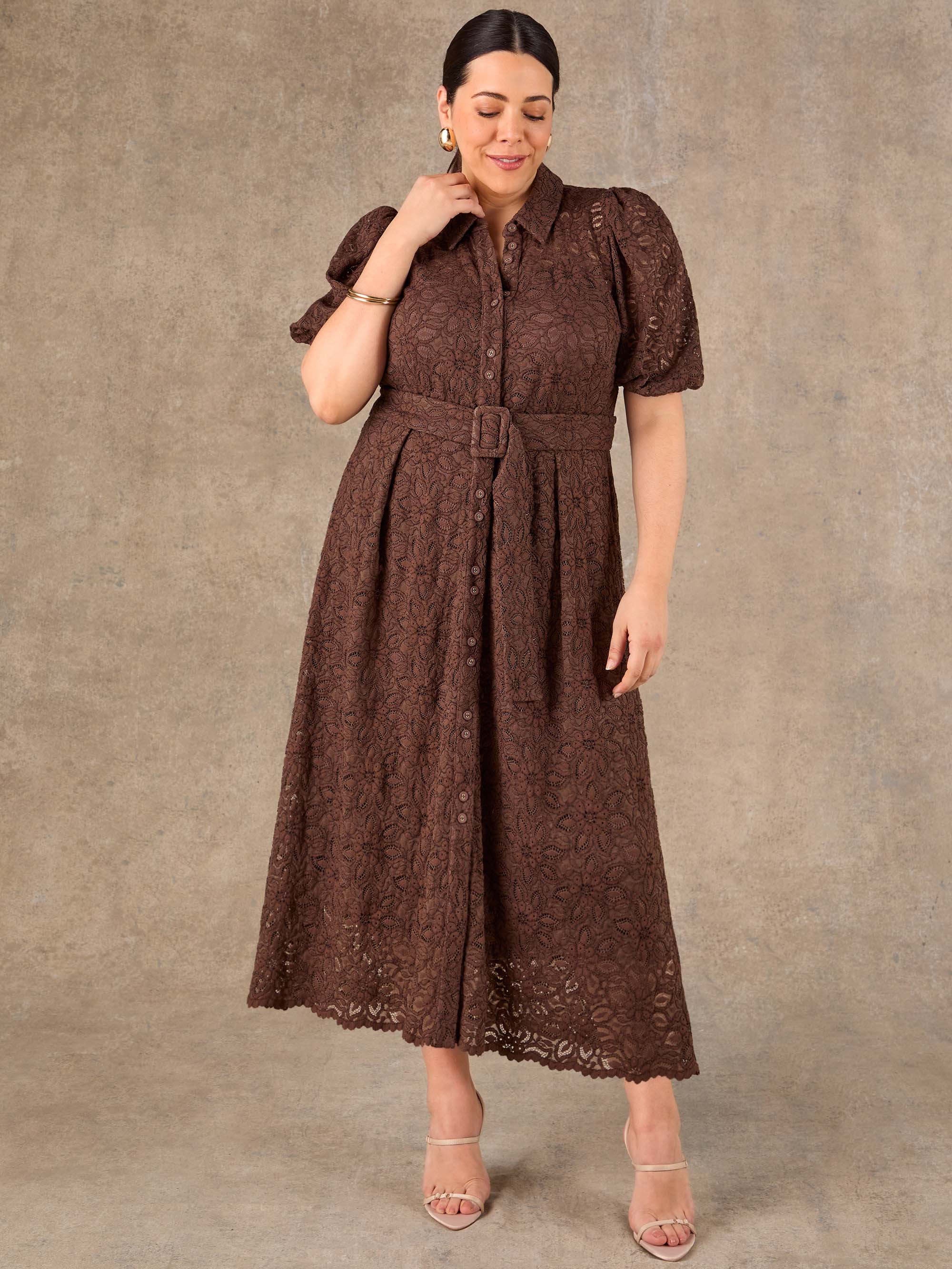 Brown belted lace dress with scalloped hem and A line skirt