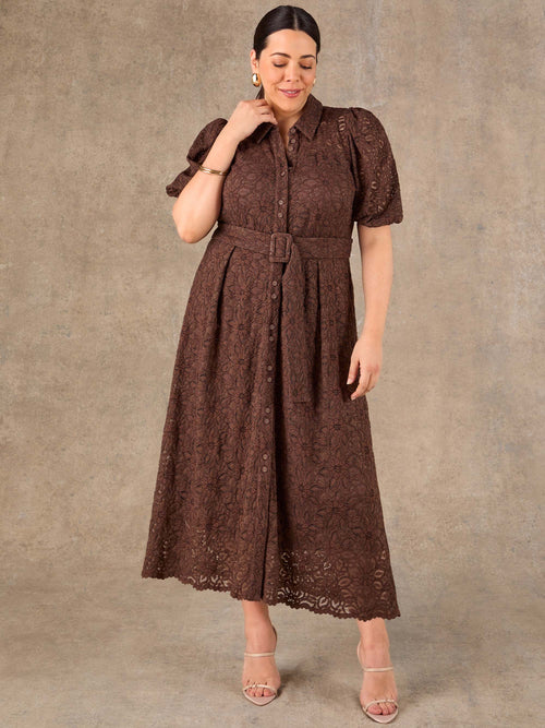 Brown belted lace dress with scalloped hem and A line skirt