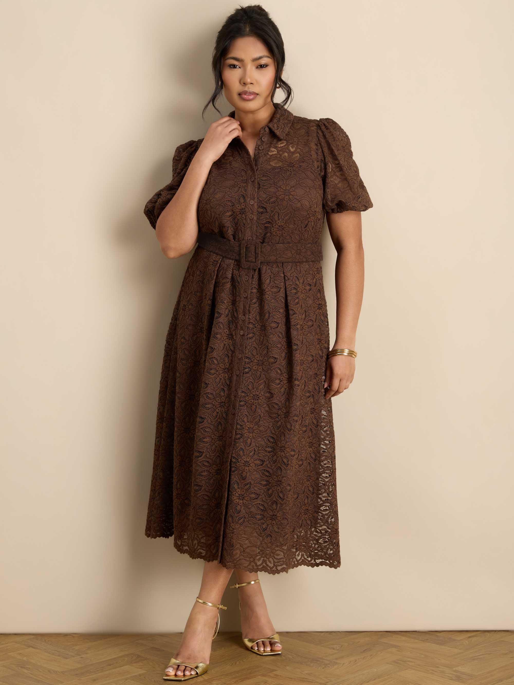 Brown Puff Sleeve Button Through Belted Lace Dress Occasionwear Outfits Plus Size