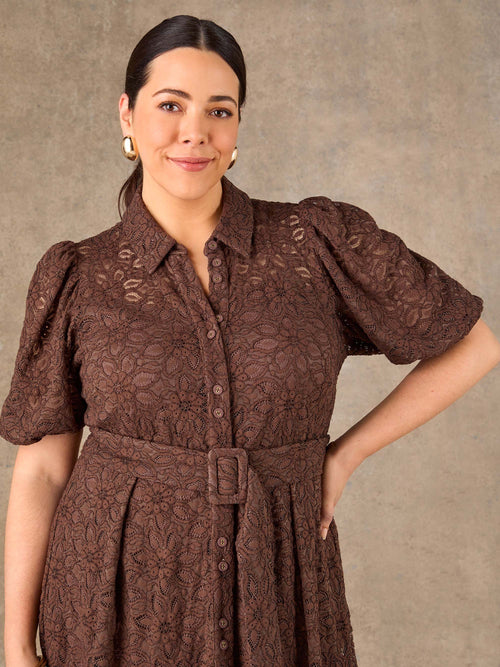 Brown short sleeve lace shirt dress with covered buttons