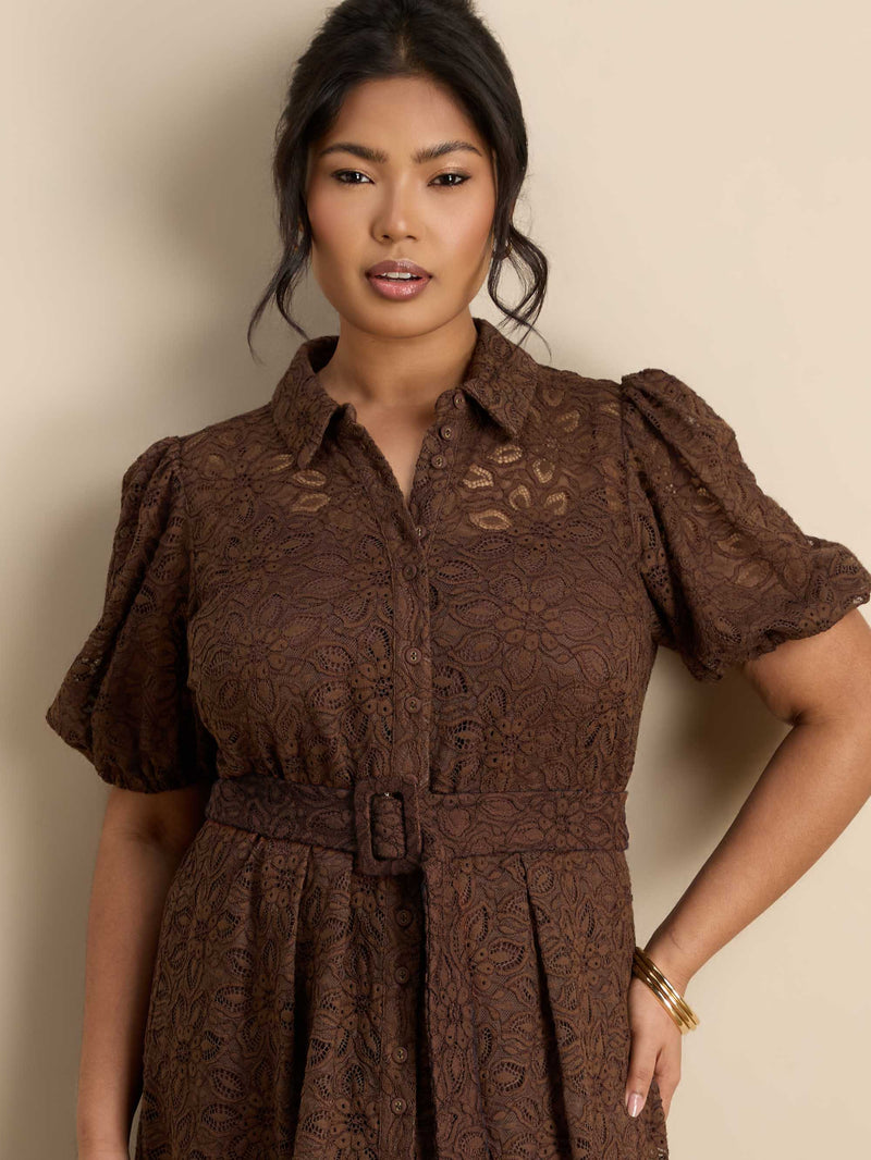 Brown Puff Sleeve Button Through Belted Lace Dress Occasionwear Outfits Plus Size