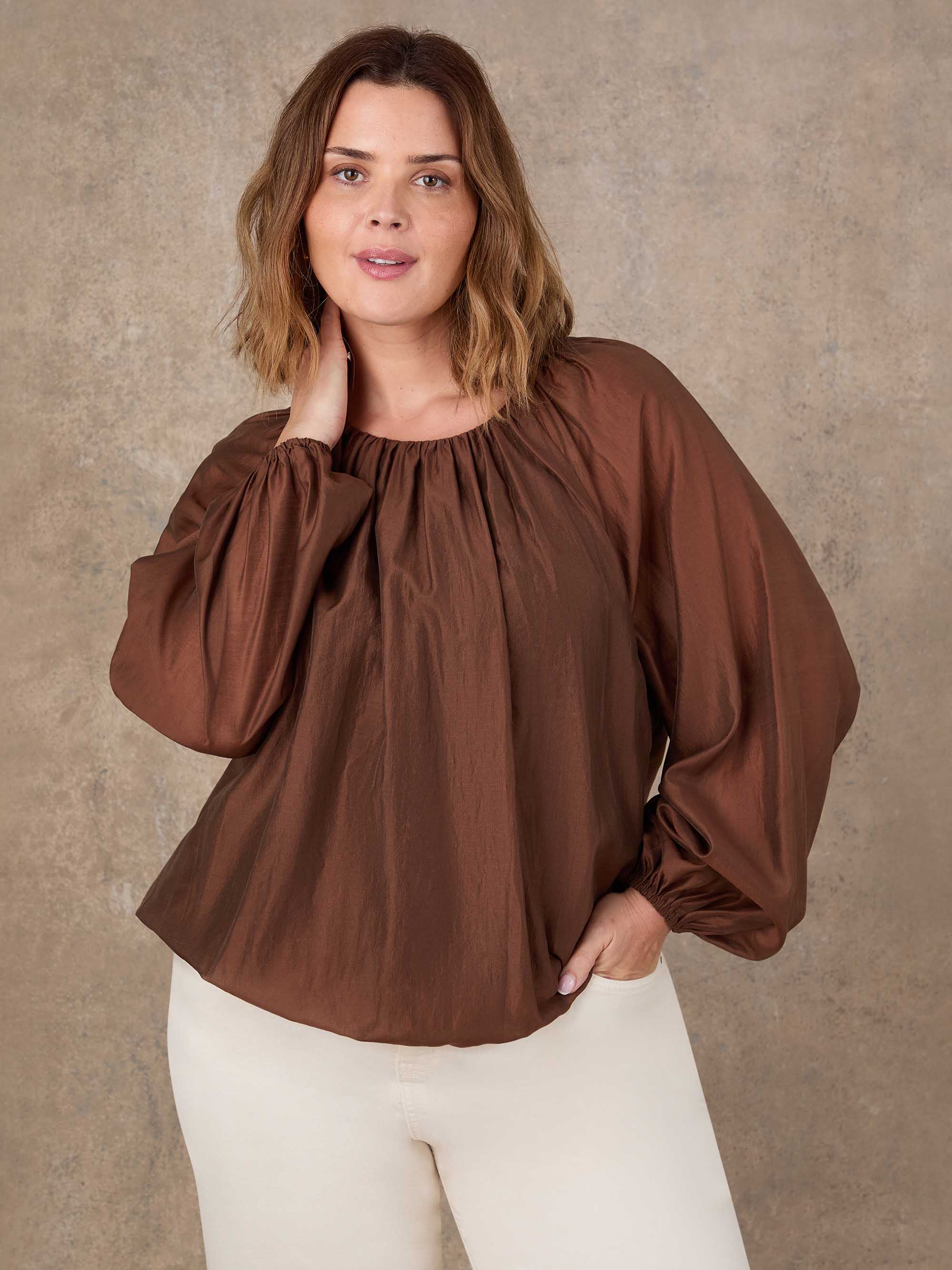Plus size brown boho blouse with blouson sleeves and gathered neckline