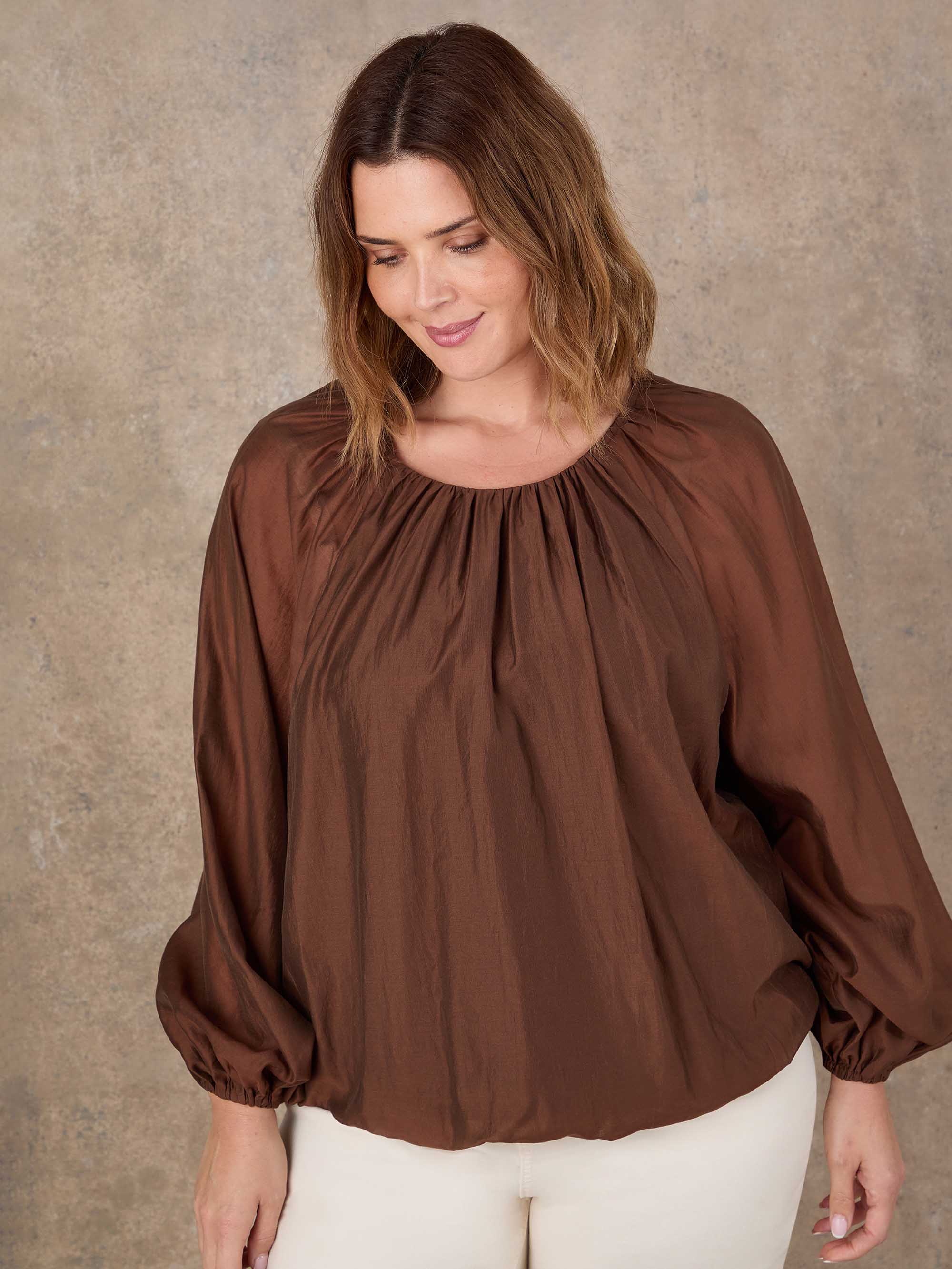 Curve brown blouson sleeve blouse with relaxed fit and soft drape