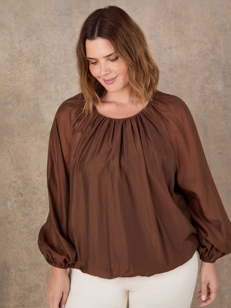 Curve brown blouson sleeve blouse with relaxed fit and soft drape