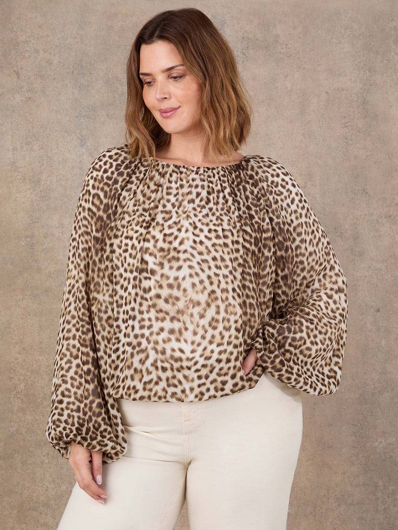 Plus size leopard print blouson sleeve blouse with gathered neckline