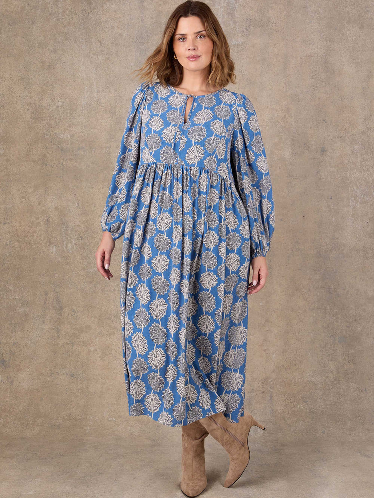 Blue Floral Print Tie Neck Midaxi Dress