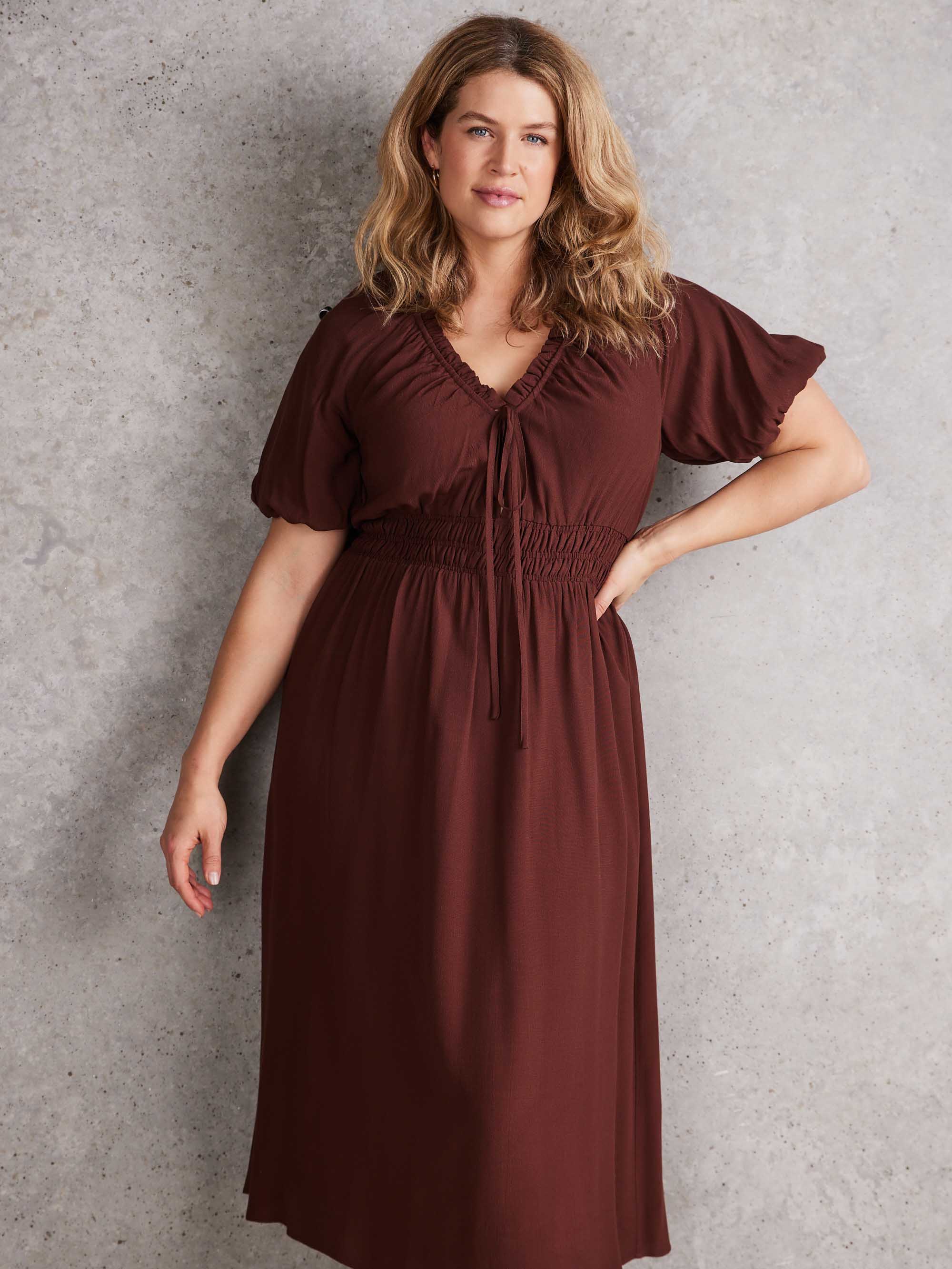 Brown Puff Sleeve Elasticated Waist Dress