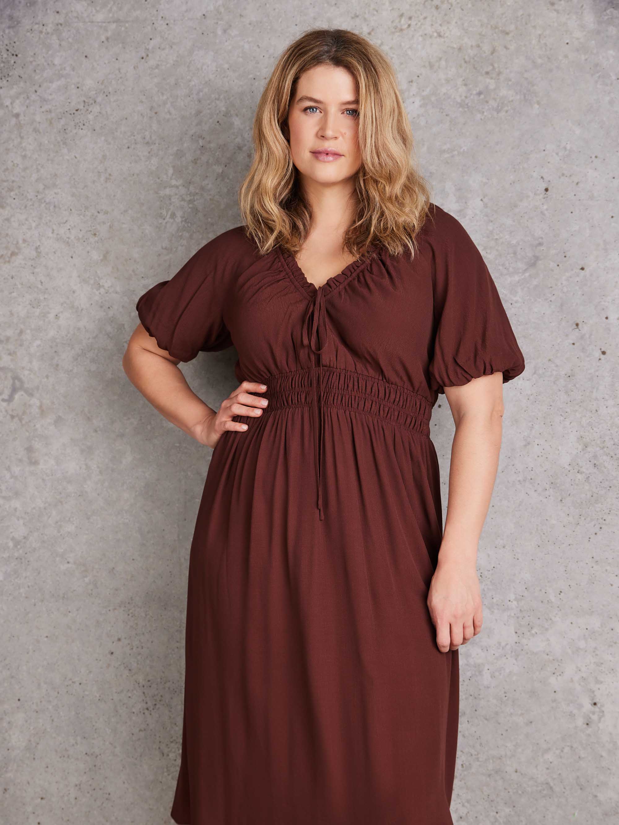 Brown Puff Sleeve Elasticated Waist Dress
