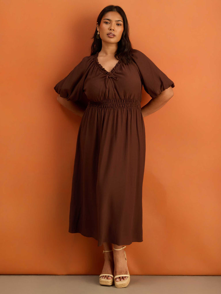 Brown Puff Sleeve Elasticated Waist Dress