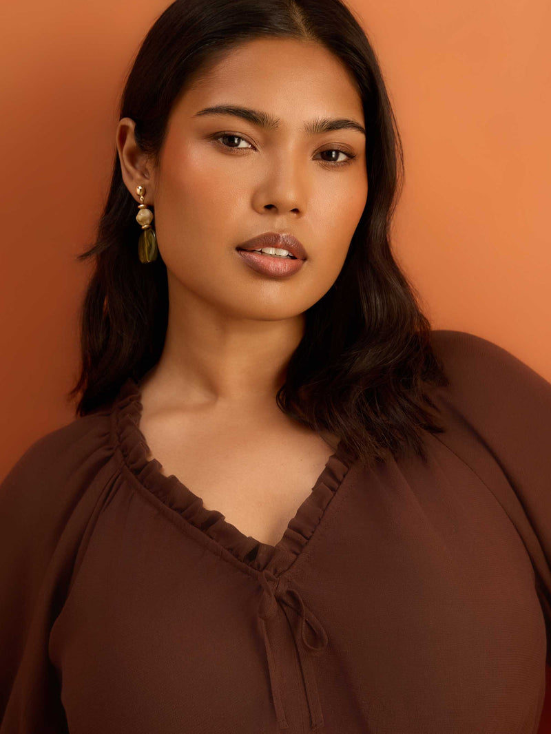 Brown Puff Sleeve Elasticated Waist Dress