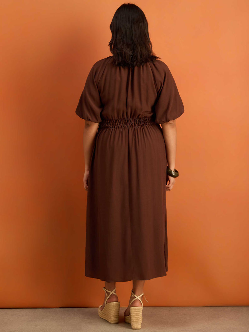 Brown Puff Sleeve Elasticated Waist Dress
