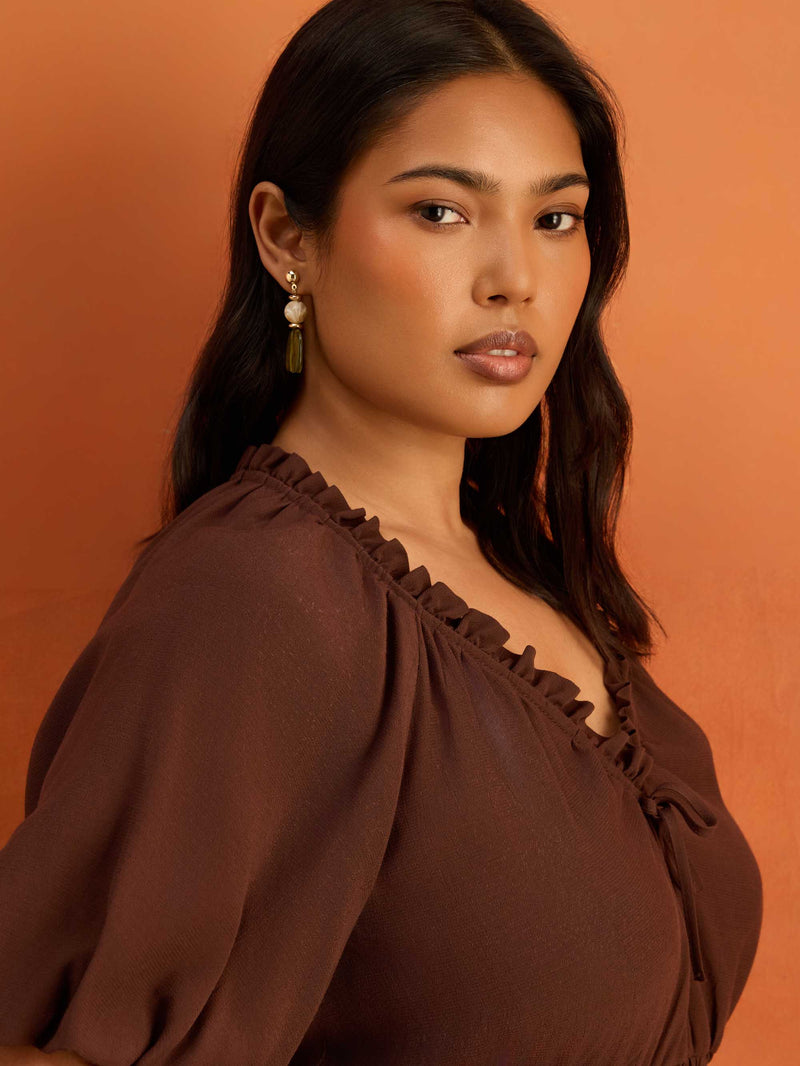 Brown Puff Sleeve Elasticated Waist Dress