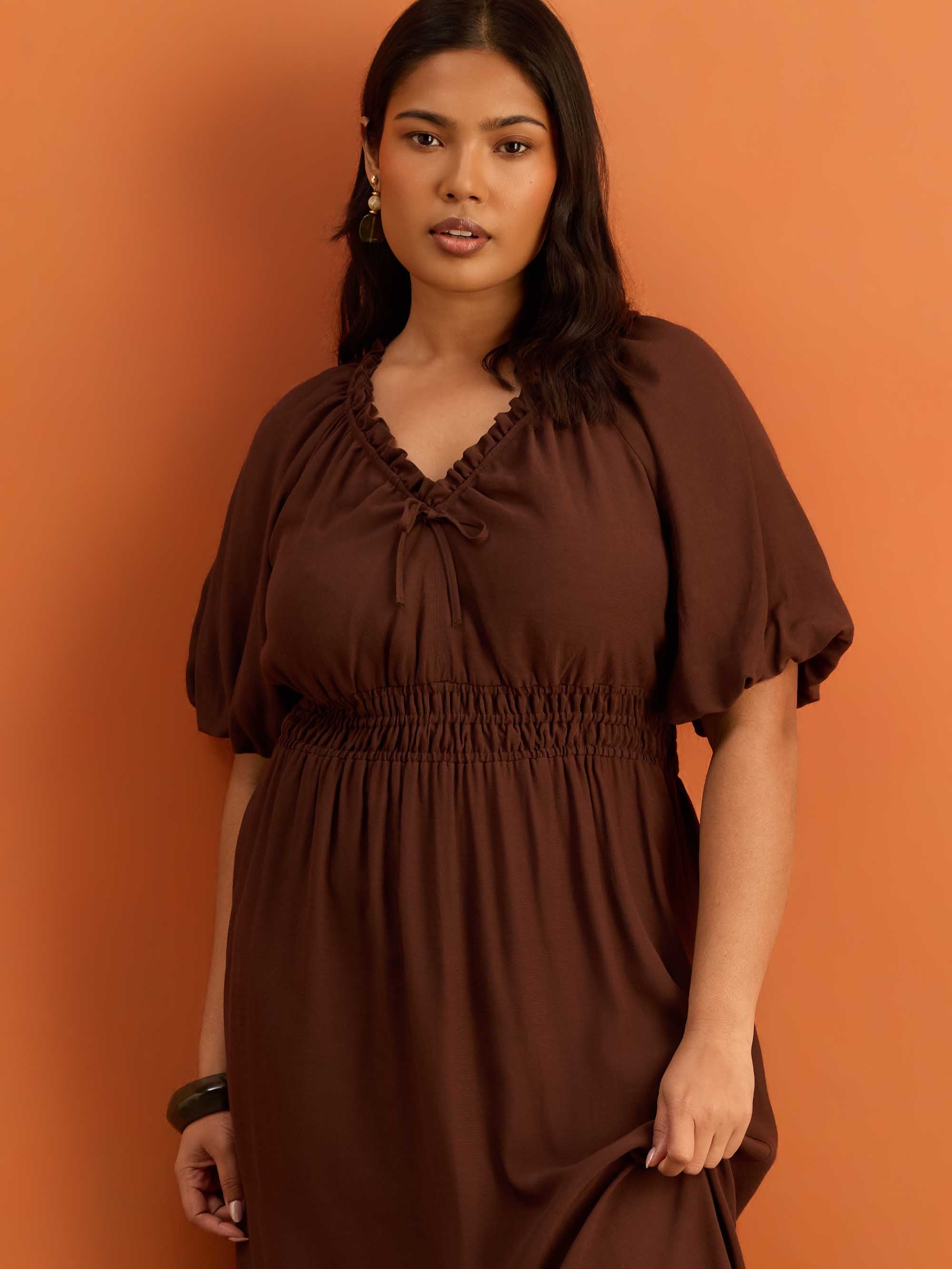 Brown Puff Sleeve Elasticated Waist Dress