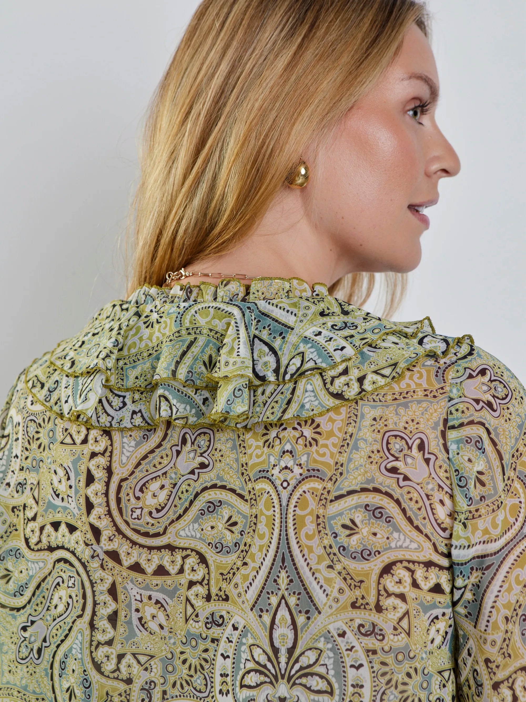 Plus size green print frill blouse