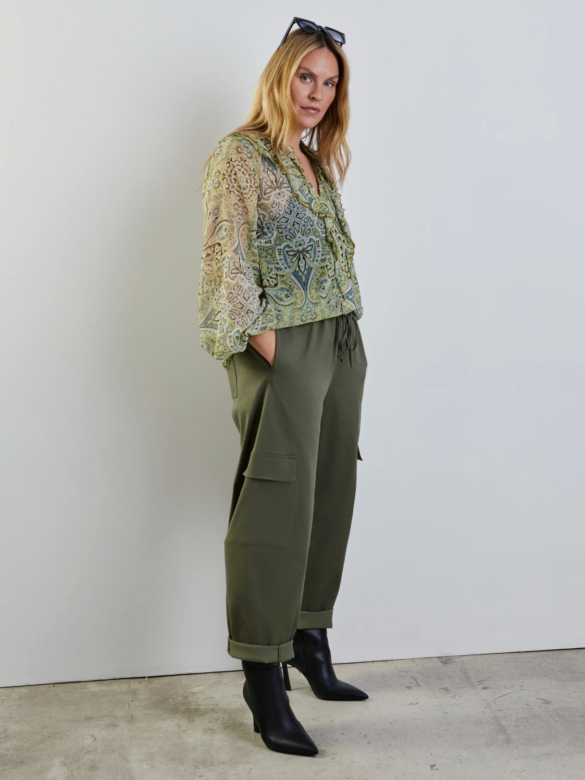 Plus size green print frill blouse