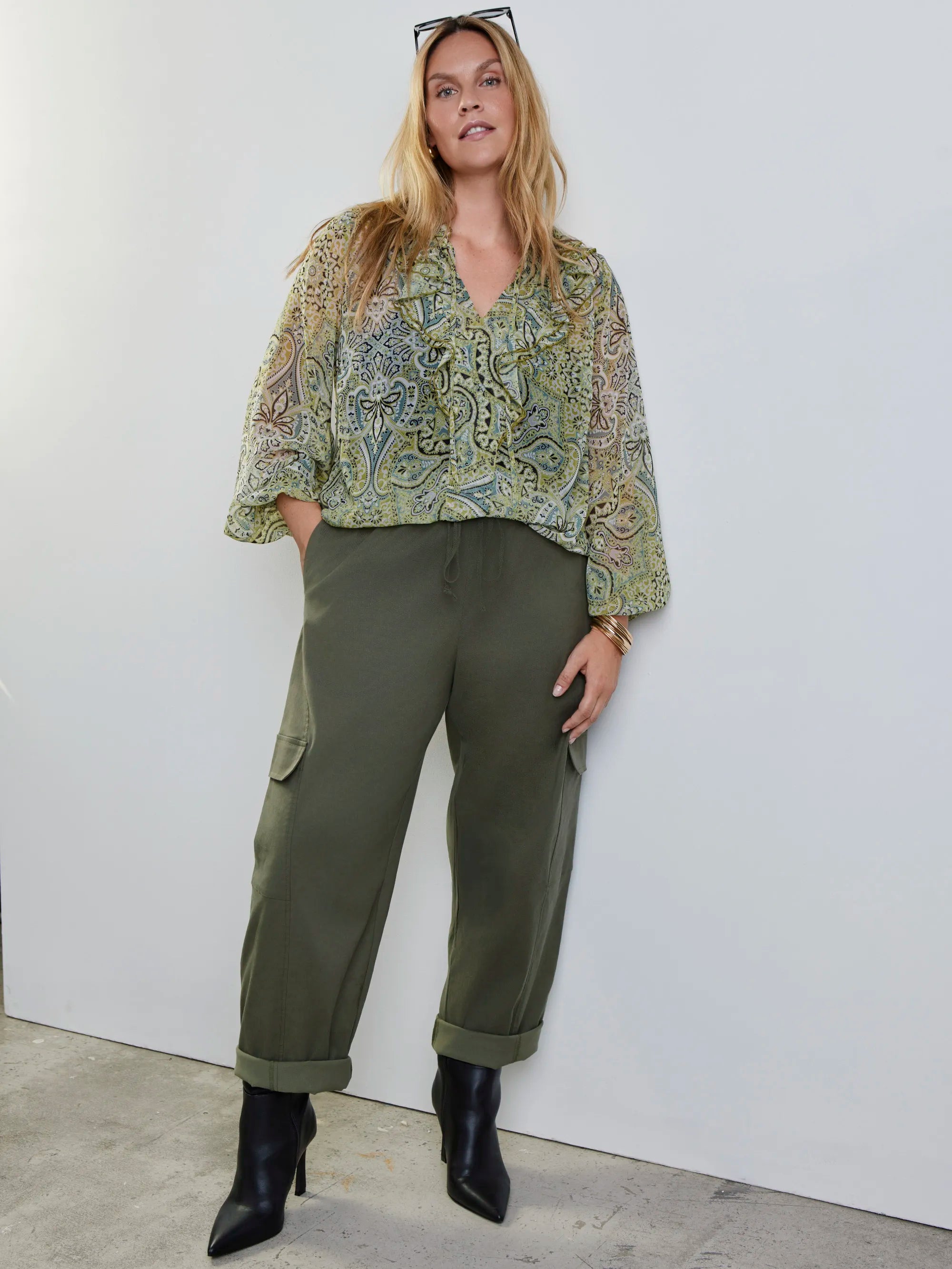 Plus size green print frill blouse