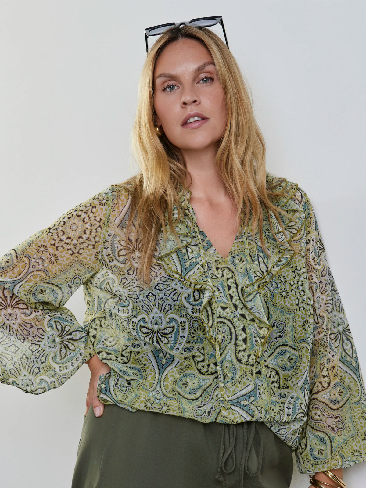 Plus size green print frill blouse