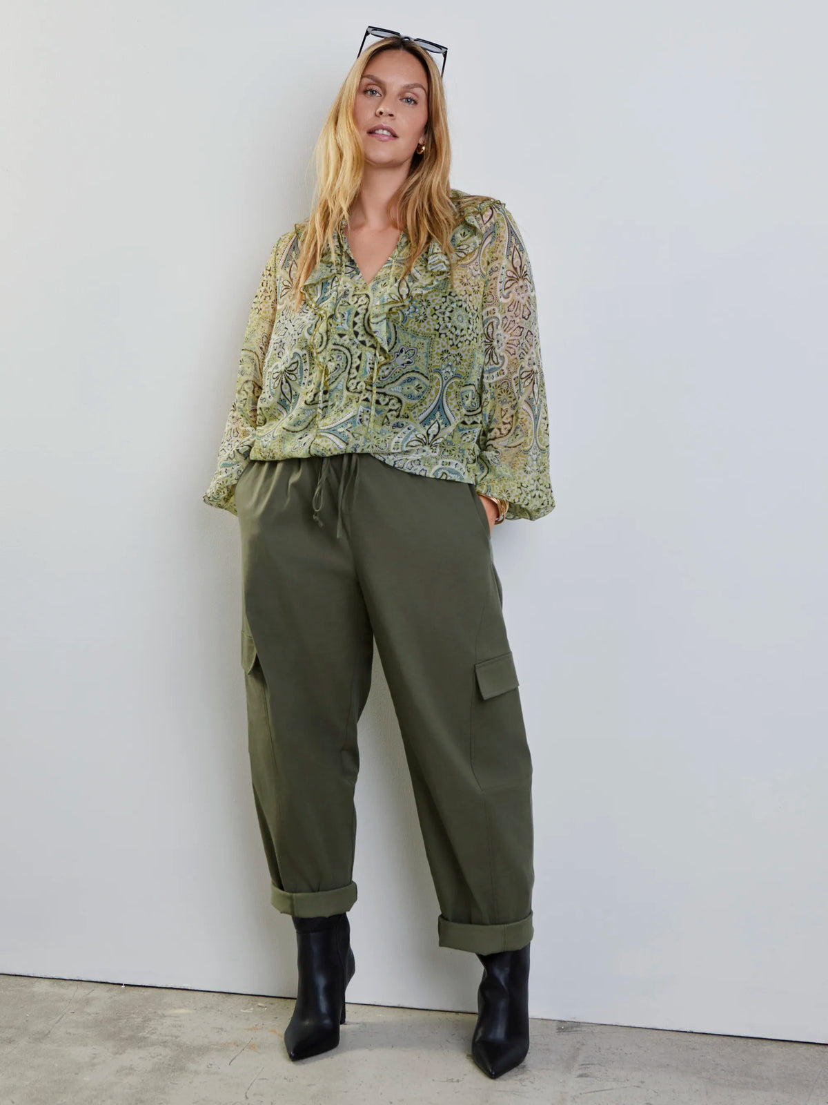 Plus size green print frill blouse